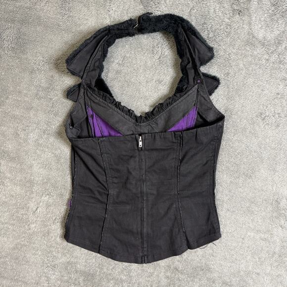 Vintage Tripp NYC Women L Goth Punk Halter Corset Vest Top Faux Fur Collar Black - Picture 2 of 10